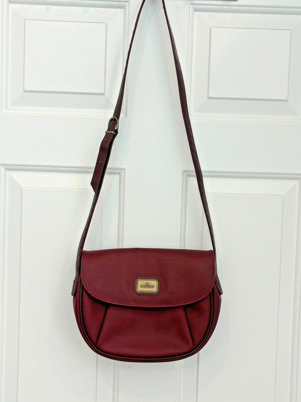 Vintage Baronet Burgundy Leather Crossbody Bag Saddle Purse Mid Century Flap